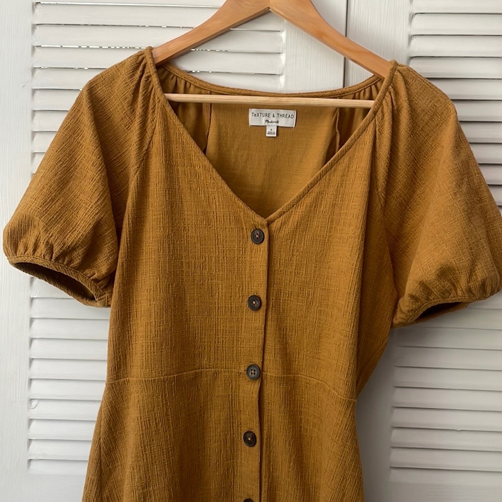 Madewell Textured Puff Sleeve Mustard Button Dress
